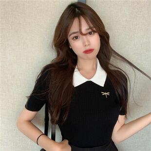 夏季款韩版女装POLO生刺绣修身黑色针织短袖新t恤学上衣女潮
