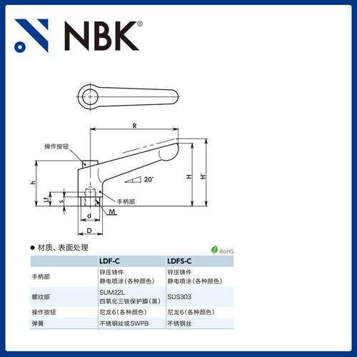 NBK LDFS-C 内螺纹夹紧手柄带操作按钮手柄手轮 不锈钢螺纹易操作