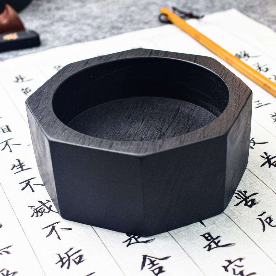 八角笔洗砚台天然原石砚玉山罗纹歙砚台可加logo墨池文房四宝