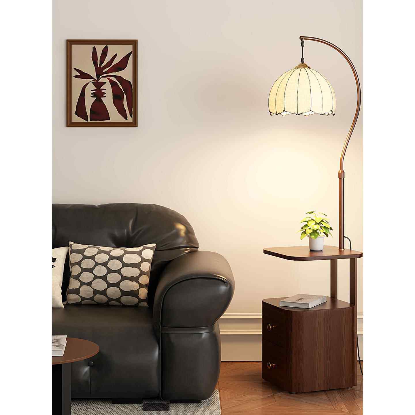 落地灯床头柜一体中古风卧室高级感客厅沙发旁边置物氛围边几台灯