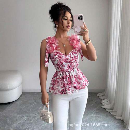 Women's Floral Knitted Loose-Fitting Summer Top Casual