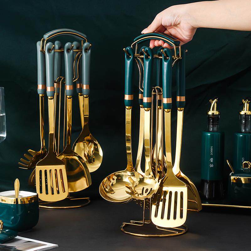 悍乐轻奢厨房用品全套不锈钢漏勺汤匙铲勺炒菜锅铲厨具挂件套装