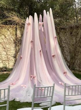 粉紫色淡黄色软纱幔婚礼迎宾背景瀑布纱装饰活动舞台布置网纱