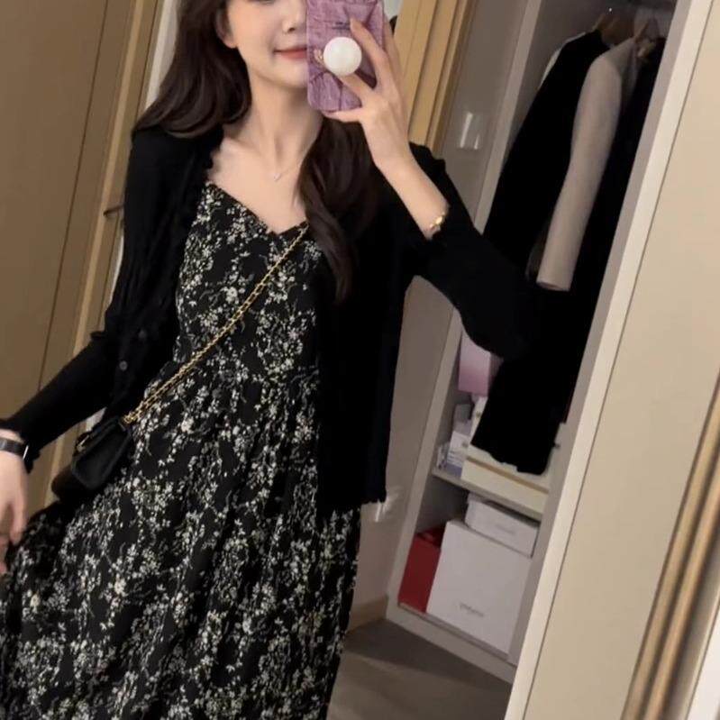 欧洲站2026年夏季新款碎花吊带洋装女针织开衫两件套别致设计感