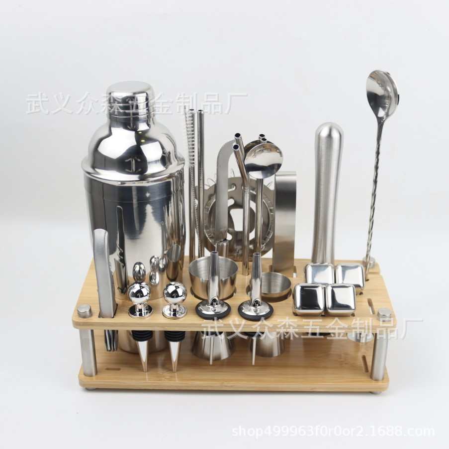 厂家供应新款不锈钢调酒器酒具全套酒吧套装25件套冰石摇酒杯