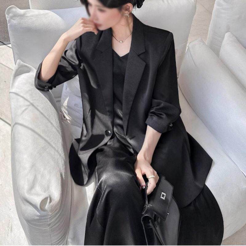 2025新款早秋季高端气质缎面西装两件套装女胖mm连衣裙加大码女装
