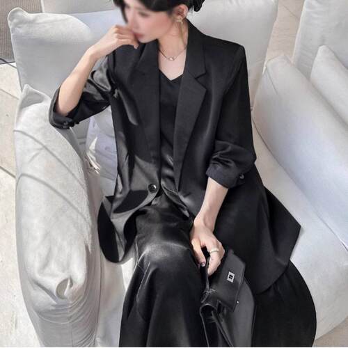 2025新款早秋季高端气质缎面西装两件套装女胖mm连衣裙加大码女装
