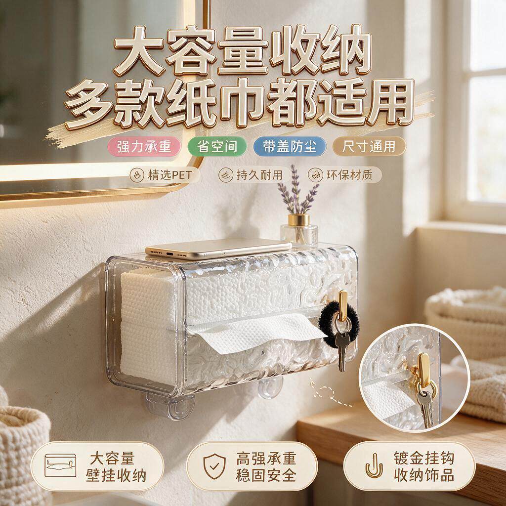 洗脸巾盒收纳盒抽纸盒壁挂式免打孔卫生间厕所面巾纸吸盘纸巾轻奢