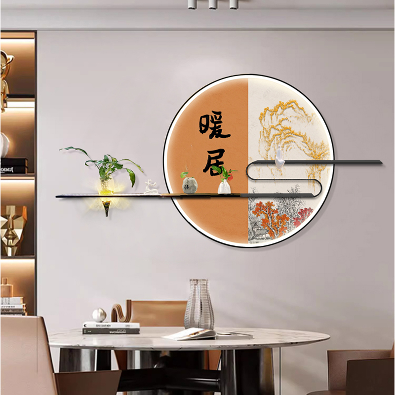 客厅装饰画新中式餐厅暖居沙发背景墙挂画现代简约圆形茶室灯壁画图片