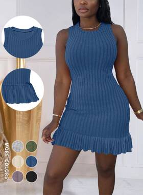 Women's Plain V-Neck Ribbed Dress Elegant Casual Fitted