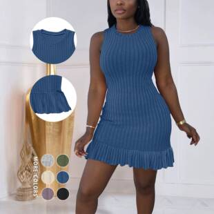 Women's Plain V-Neck Ribbed Dress Elegant Casual Fitted