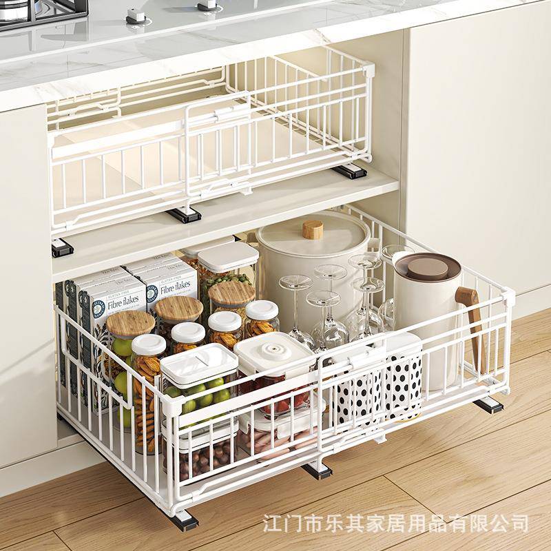 抽拉式厨房置物架折叠抽屉式橱柜碗碟调料拉篮下水槽抽拉收纳架子