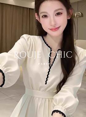 法国rouje chic法式白色V领长袖收腰衬衫女早春简约百搭独特上衣