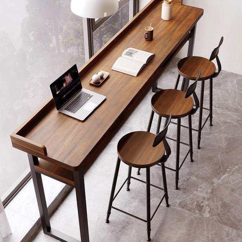 新款吧台桌子双层实木简约挡板阳台条桌靠窗靠墙北欧高脚桌椅组合