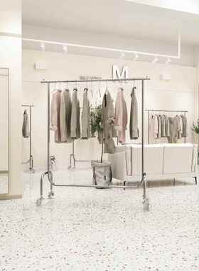 服装店挂衣杆带轮不锈钢拉丝银中岛落地式展示陈列架女装店货架子