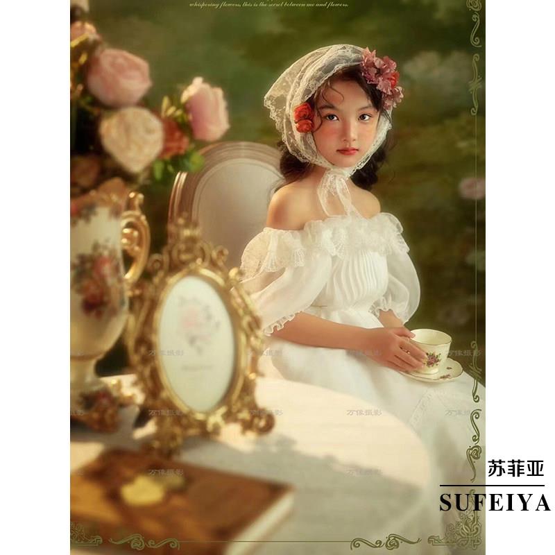影楼法式田园风白色儿童礼服氛围感蕾丝女童演出表演花童摄影服装