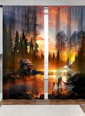 厂家直销3D数码印花风景油画窗帘2pcs布艺窗帘窗纱
