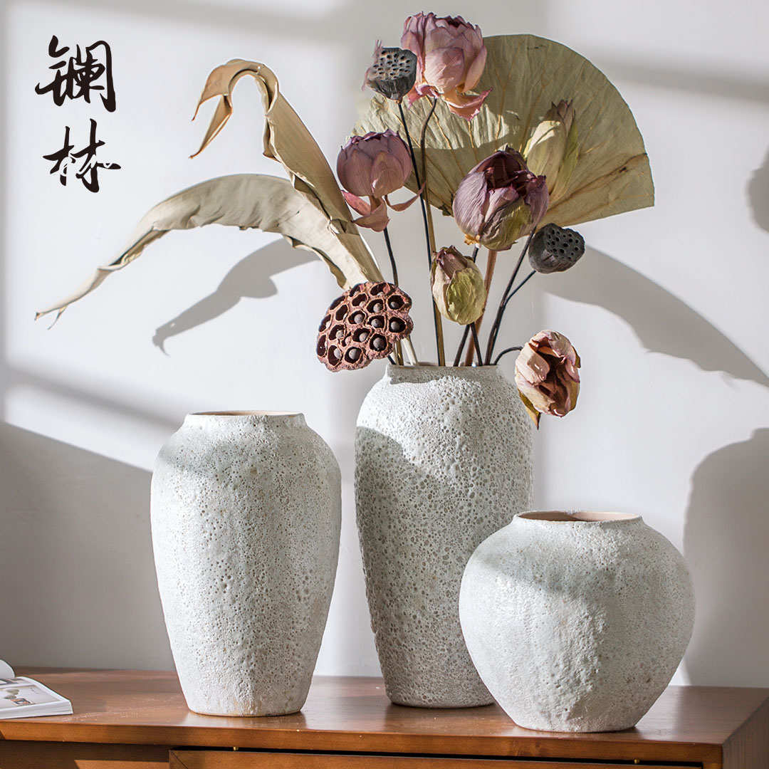 白色陶瓷花瓶新款客厅现代简约家居复古粗陶花器干花摆件陶罐装饰
