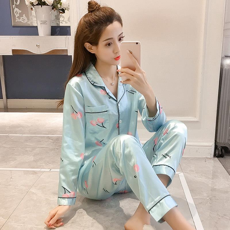 睡衣女夏季冰丝家居服春秋两件式套装丝绸长袖夏天网红开衫可外穿