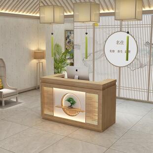 新中式收银柜台现代吧台茶楼带灯前台美容养生馆柜台定制实木接待