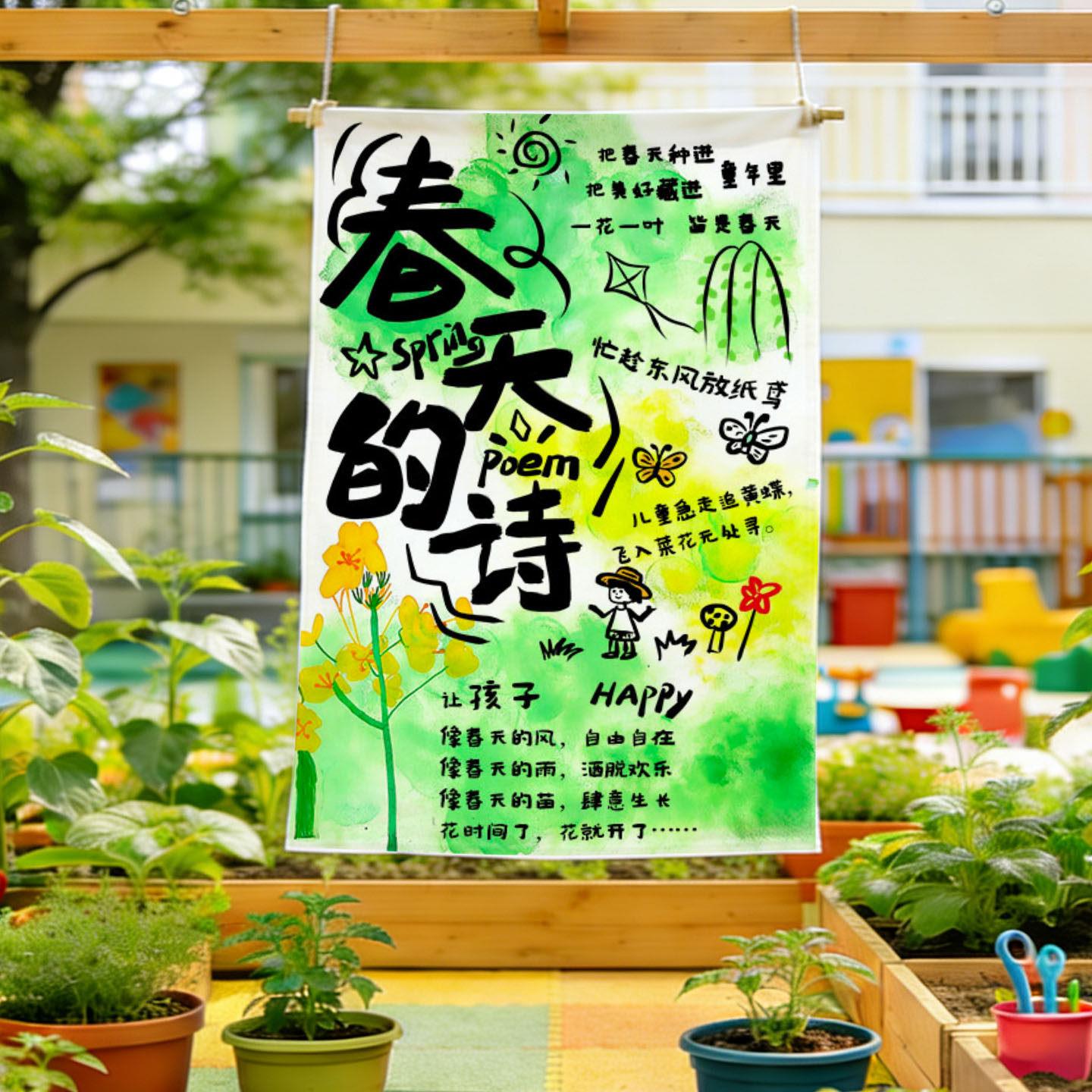 春天的诗挂布幼儿园小学植物角环创活动布置绿色主题装饰布背景布