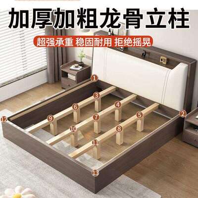 实木床双人1.8x2米主卧现代简约家用1.5米小户型出租房1.2m单人床