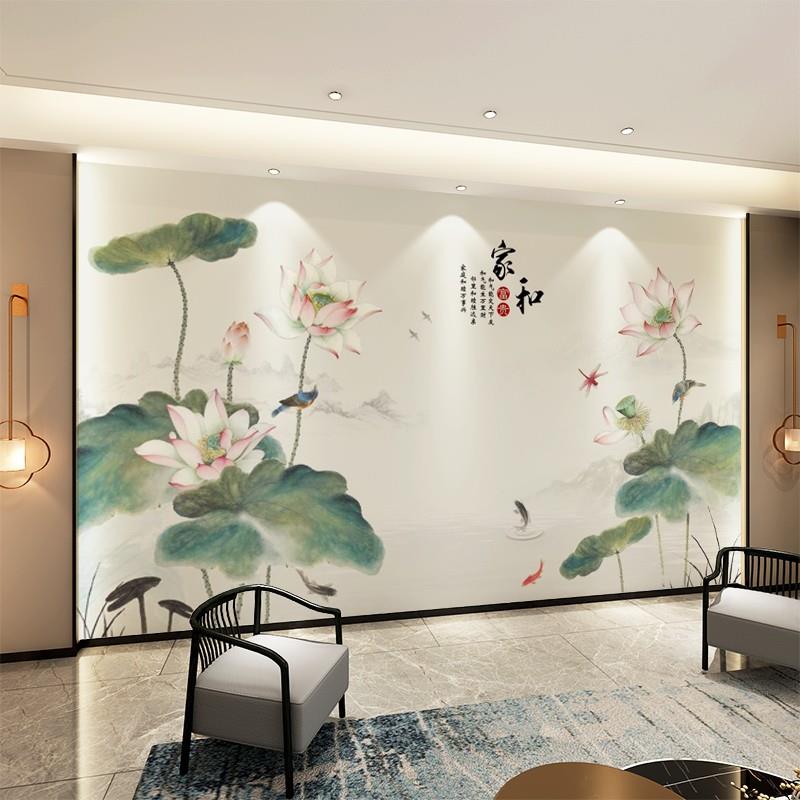 2025新中式客厅卧室书房水墨荷花壁纸墙布电视背景墙复古饭厅壁画