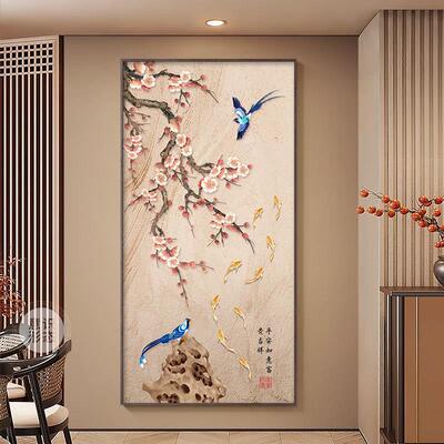 喜上眉梢玄关装饰画 画中式花鸟入户正对门挂画 画宋代美学走廊过