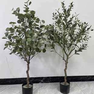 盆栽家居客厅摆件假树绿植盆景装 北欧仿真植物橄榄树金钱叶树 饰