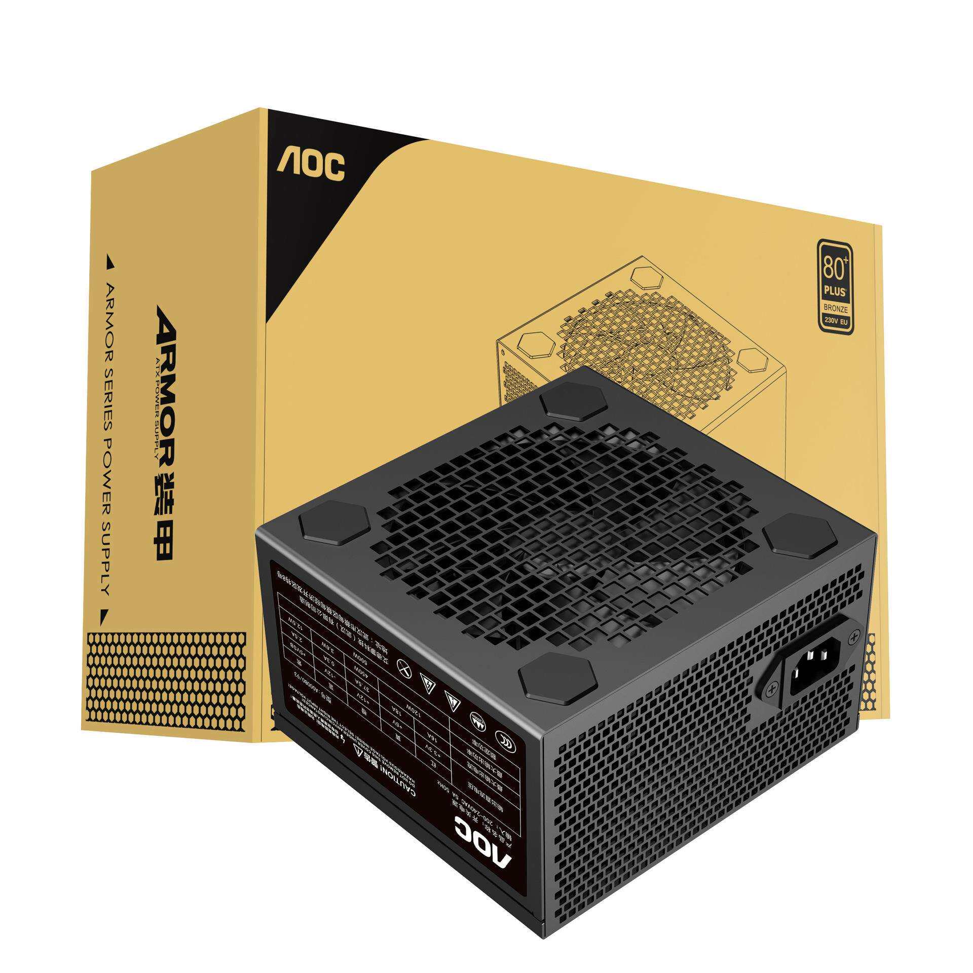 AOC额定500W装甲A500B0/93 台式电脑pc电源盒装主动式PFC温控风扇