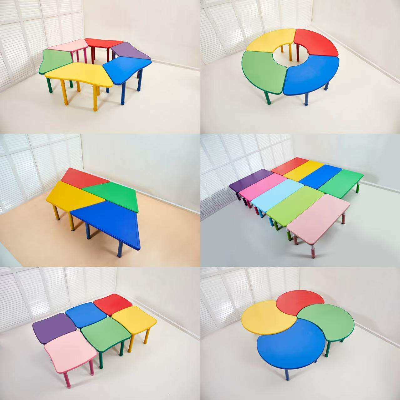幼儿园防火板造型桌儿童培训梯形桌可拼月牙桌玩具可升降皂形桌子