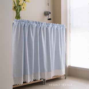 HEGALY 文艺复古小格子半帘门帘厨房短帘柜子帘双面可爱小窗帘
