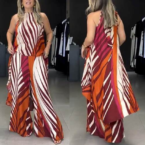 Printed long sleeved shirt, wide leg pants, two women's