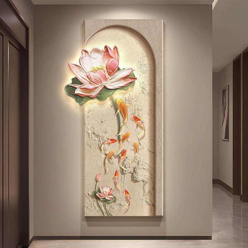 新中式玄关装饰画荷花九鱼图过道走廊尽头挂画档入户门墙壁画灯