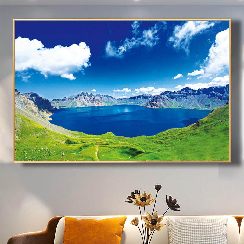 长白山天池风景山水壁画天然聚宝盆客厅沙发背景墙挂画招财风水画