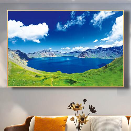 长白山天池风景山水壁画天然聚宝盆客厅沙发背景墙挂画招财风水画