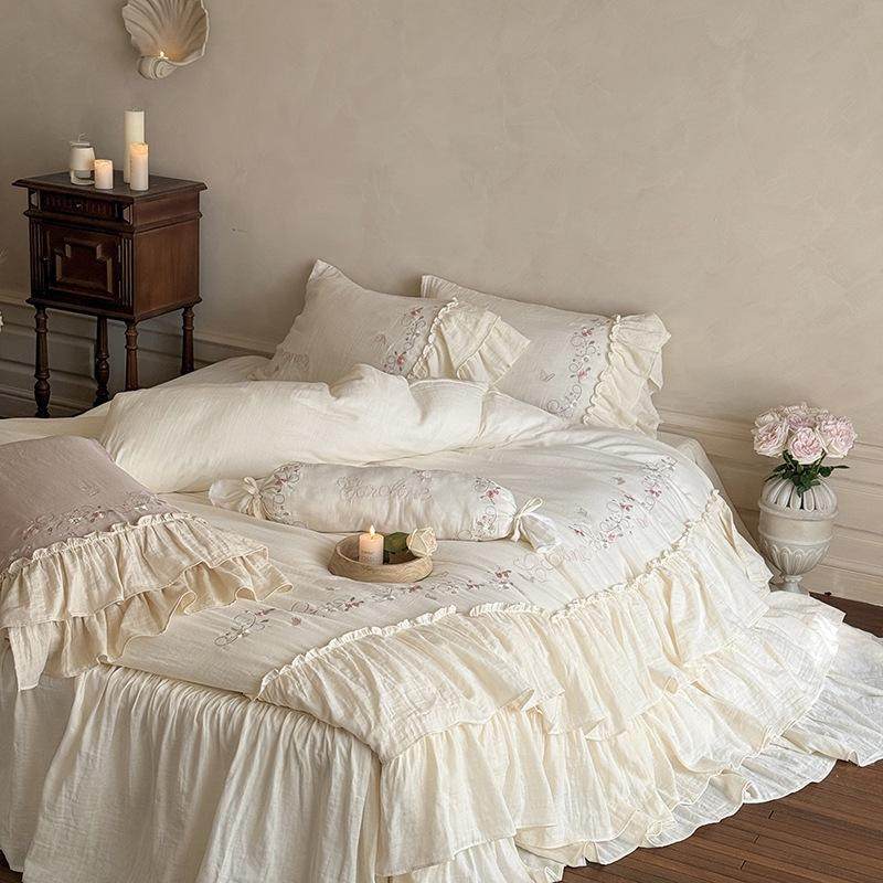 午后花房 | 事绣花双层纱亲肤透气床裙款床品四件套床单,床上用品,床品套件/四件套/多件套,淘宝优惠券,粉丝福利购,淘宝优惠卷