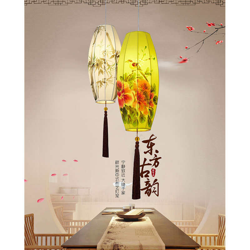 新中式布艺手绘画橄榄灯创意餐厅火锅店红灯笼吊灯仿古宫灯灯具,家装灯饰光源,客厅吊灯,淘宝优惠券,粉丝福利购,淘宝优惠卷