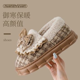 加绒保暖包跟拖鞋 蝴蝶结新款 冬天外穿 女士秋冬季 增高厚底棉拖鞋