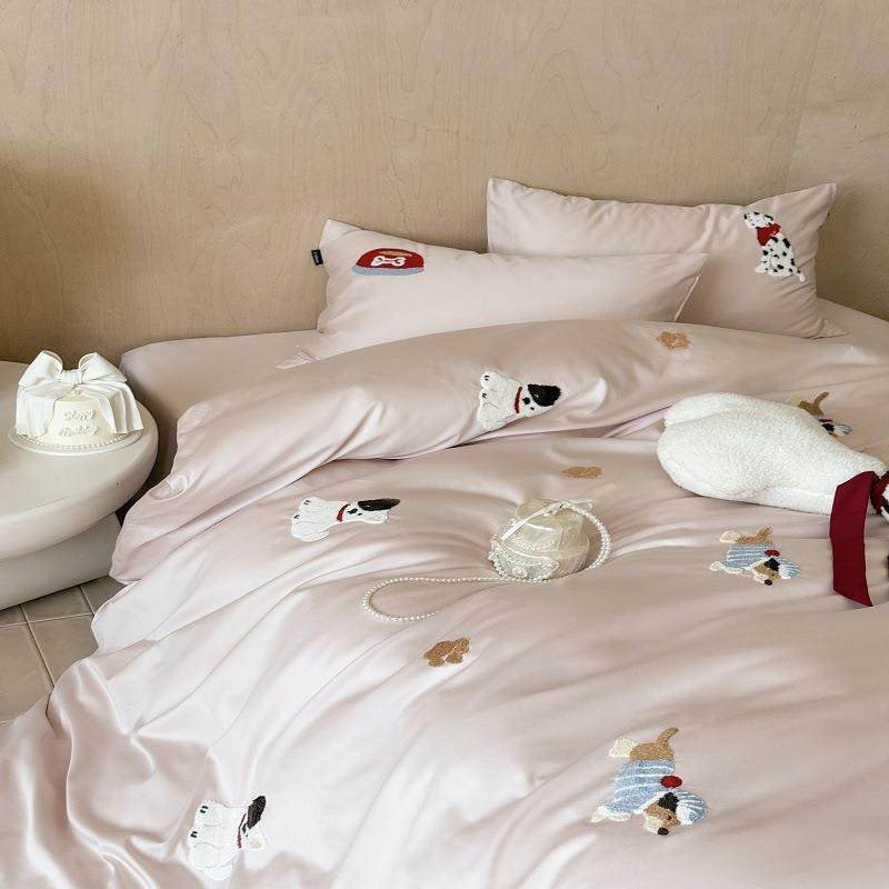 韩式100S长绒棉毛巾绣床上用品四件套四季可用亲肤细腻被套床单