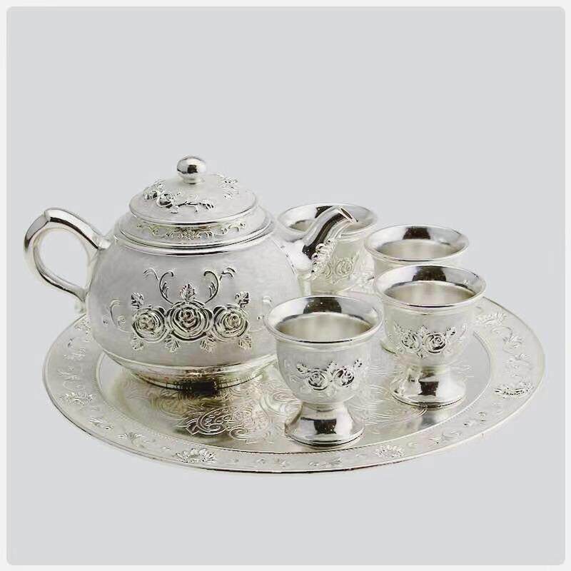 商务礼品合金属渡银器工艺品摆件6件套装茶具茶壶茶杯托盘