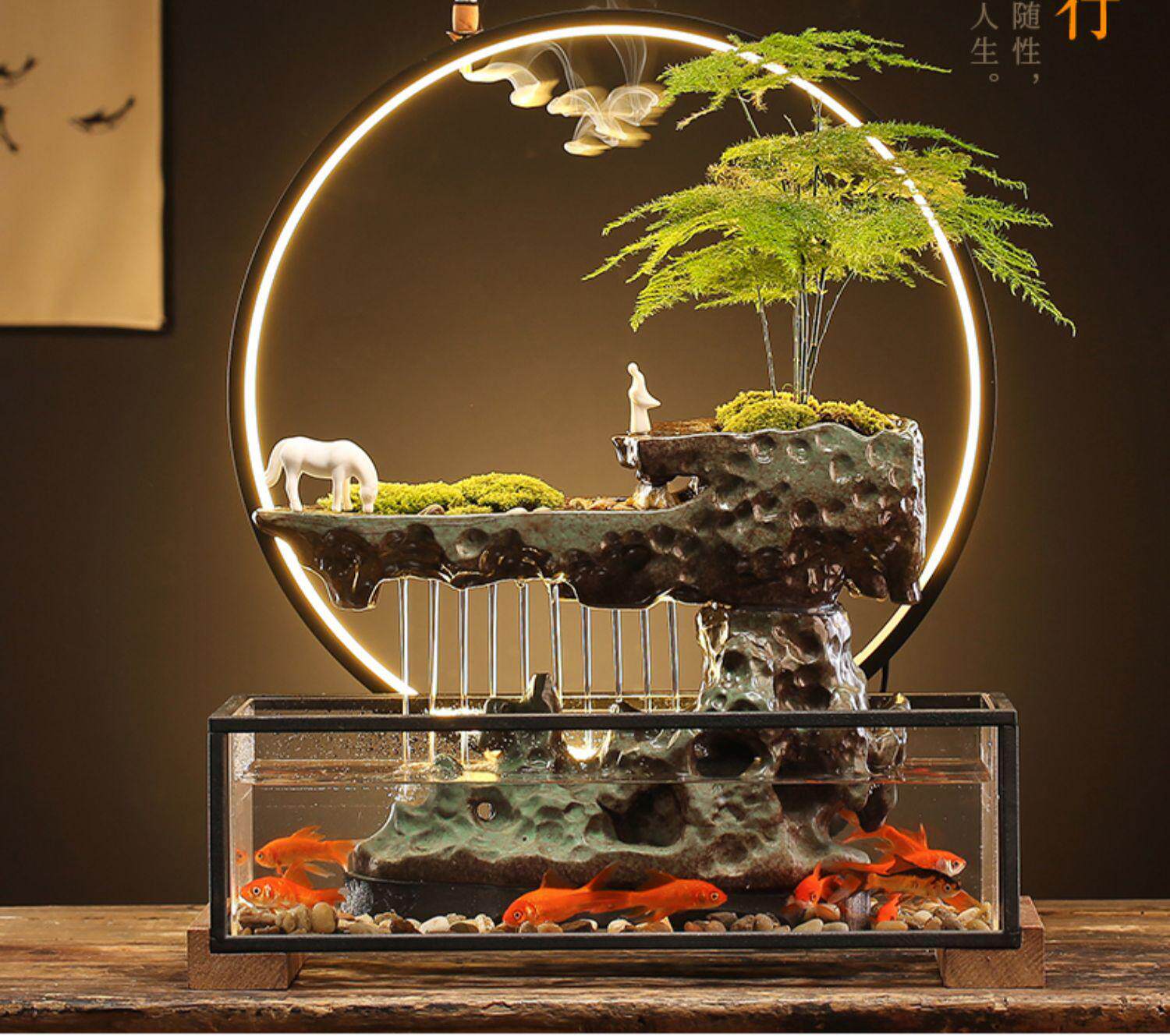 Декорации водные 循环流水器生财客厅创意摆件办公室小型鱼缸桌面景观招财开业礼品