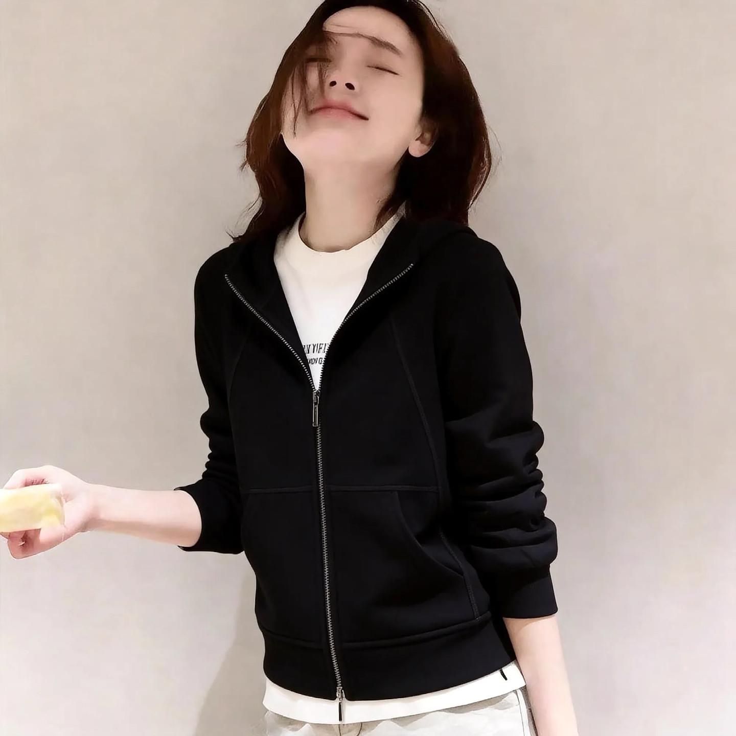 韩国黑色显瘦修身立领运动衫开衫女士春秋新款设计感时尚洋派外套