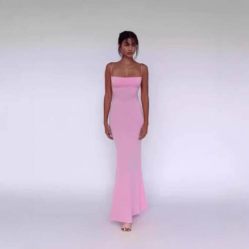 Womens Solid Backless Cami Mermaid Bodycon Dress Adjustable