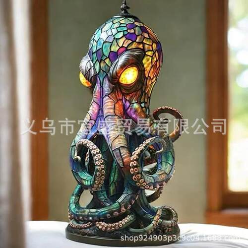 跨境Stained Glass Style Resin Octopus Lamps章鱼灯台灯夜灯