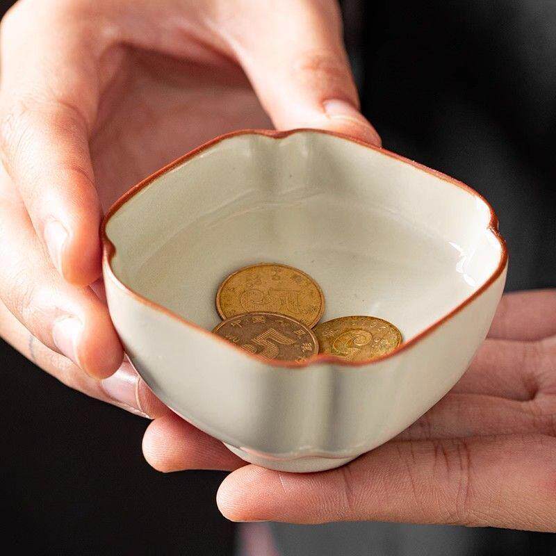 汝窑八方来财主人杯四方聚财杯开口角碗品茗杯功夫异形茶单杯图片