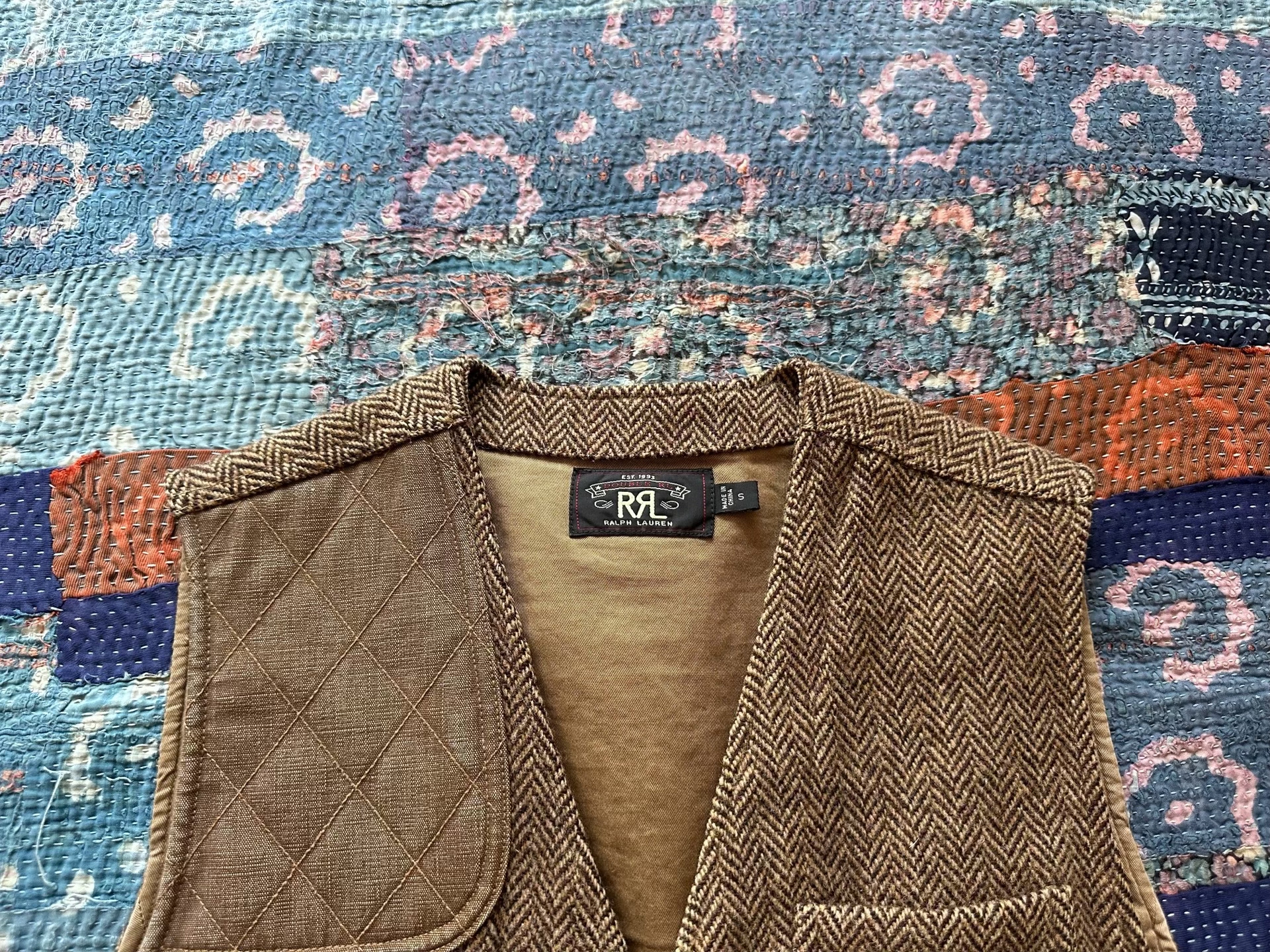 RRL Brown Herringbone Hunting Vest — detail