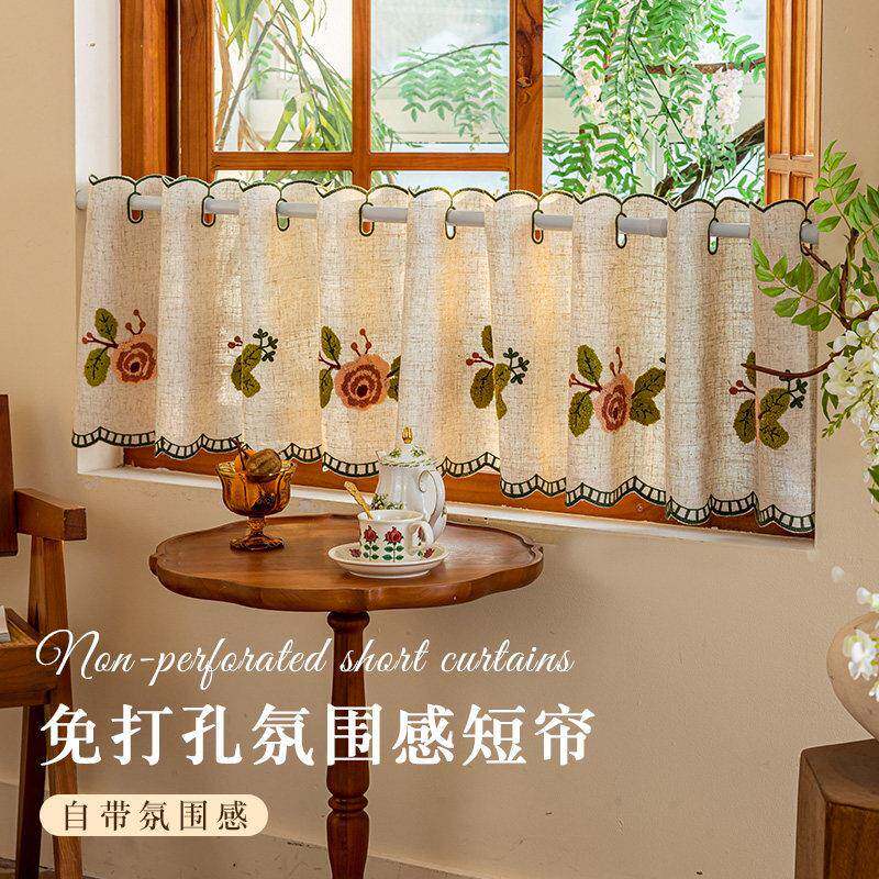 美式复古窗户短帘免打孔咖啡帘半帘装饰纱帘隔断帘卧室窗户遮挡帘