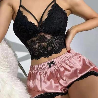 Strap lace vest top+lace shorts pajama set