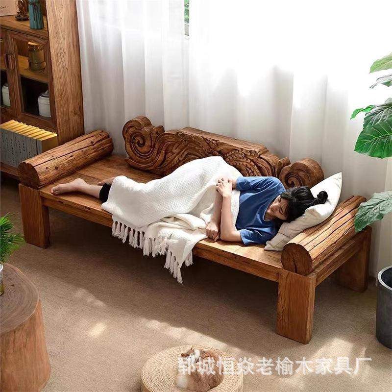 老榆木罗汉床门板躺椅风化做旧实木沙发躺椅休闲打坐禅榻长排边椅